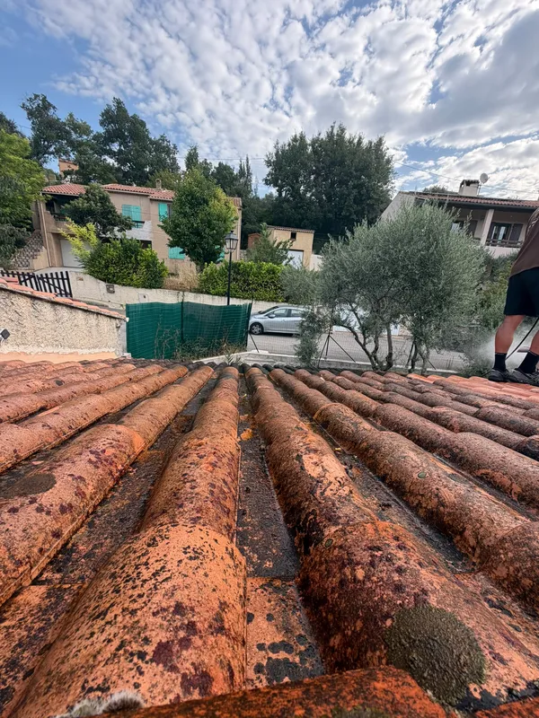 Toiture en tuiles encrassée avant traitement en Provence